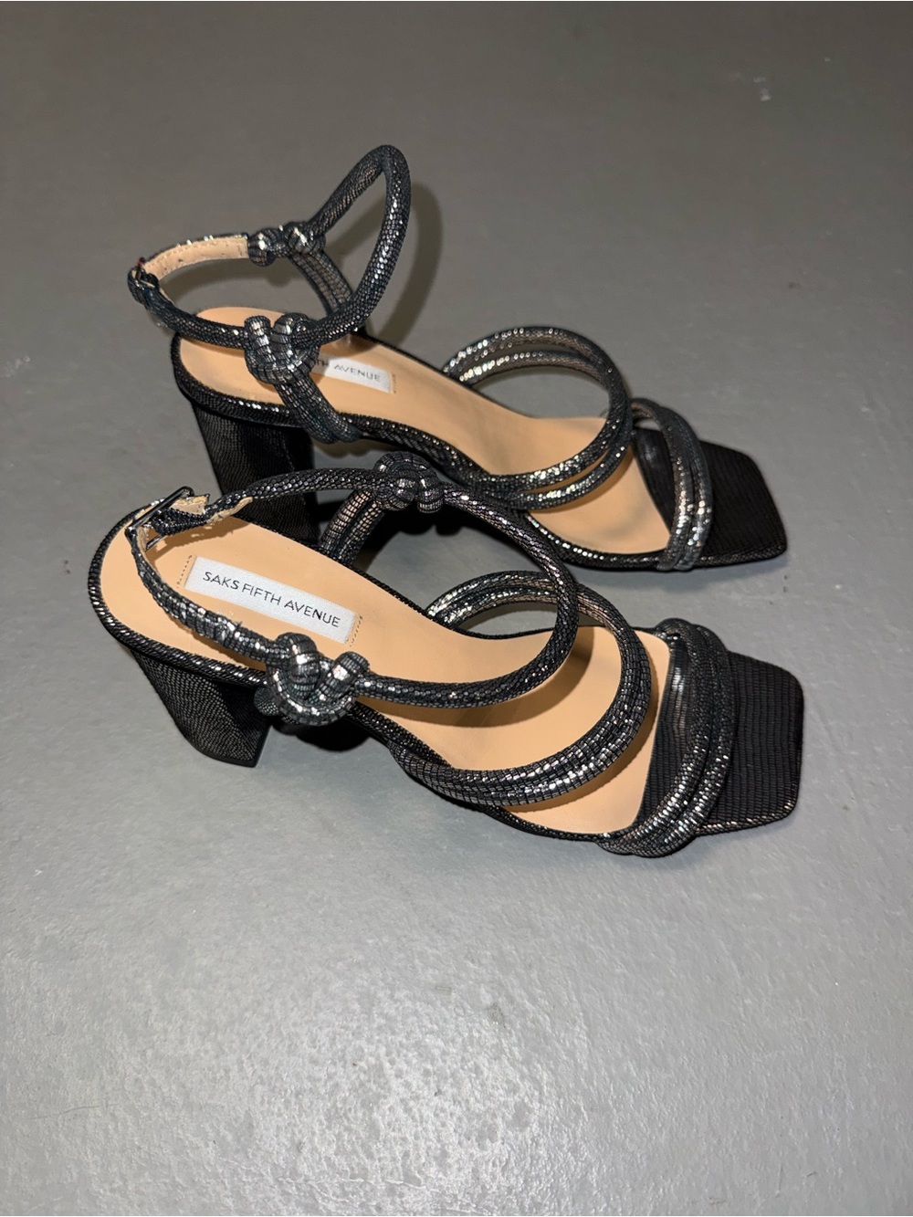 Saks Fifth Avenue Black Strappy Metallic Accent Block Heels